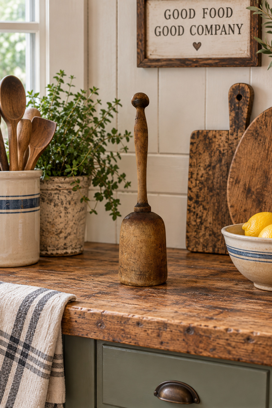 Hand Carved Wooden Pestle: Primitive Rustic Farmhouse Decor